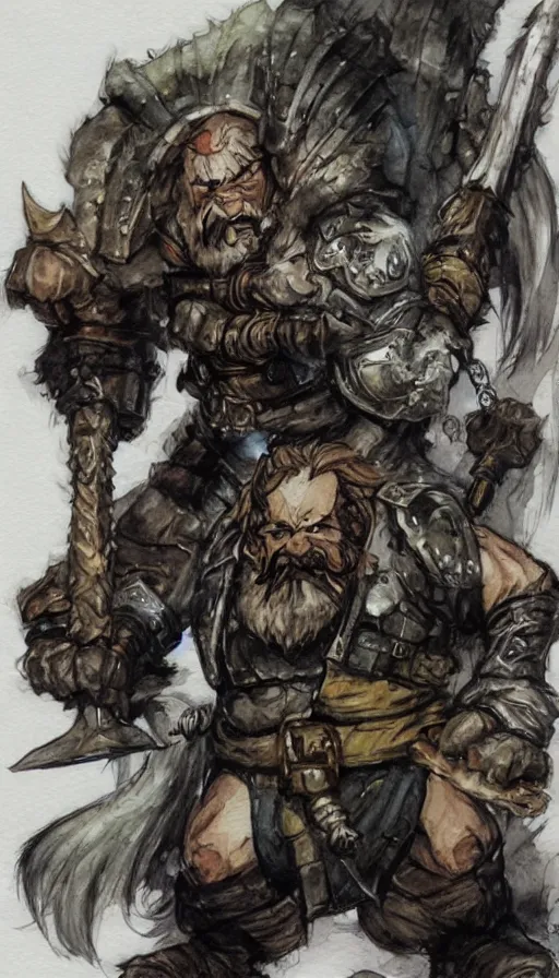 Image similar to Dwarf Barbarian, drawn by Yoji Shinkawa, water color, Dungeons and Dragons, Wizards of the Coast