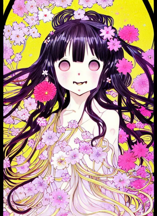 Image similar to exquisite imaginative manga poster art of a smiley girl, long wavy hair, stars, flowers, lolita dress, shimmering, by kojima ayami, shigenori soejima, minaba hideo, alphonse mucha, jump comics, shogakukan, art nouveau, illustration, artstation, highly detailed, 8 k, fluorescent, maximalist