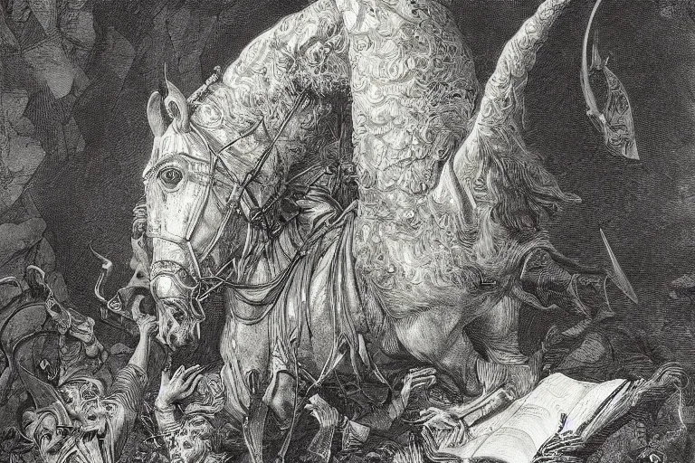 Image similar to highly detailed big open book, open book page, don quixote left the book, symmetrical face, magical, roman myth, masterpiece, highly detailed painting by gustave dore