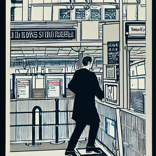 Image similar to a risograph print of a man walking into a New York City subway station