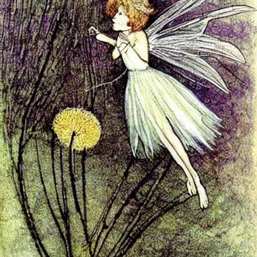 Image similar to a beautiful fairytale painting of a dandelion seed that is also a fluffy fairy. the dandelion seed is the body of the fairy. beautiful clear painting by arthur rackham