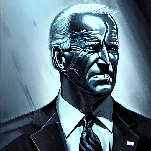 Image similar to joe biden as an evil T-800, dramatic lighting, cinematic, establishing shot, extremly high detail, photorealistic, cinematic lighting, artstation, style by James Gurney