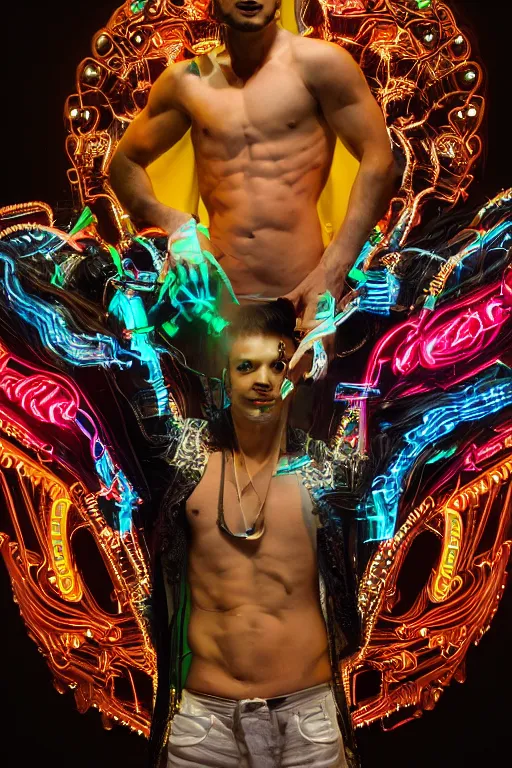 Image similar to full-body bladerunner neon baroque style sculpture of a handsome colombiano Maluma as a half cibernetic android with a chest opening exposing circuitry and electric sparks, glowing laser beam eyes, crown of giant diamonds, flowing neon-colored silk, fabric, raptors. intricate artwork by caravaggio. Trending on artstation, industrial lighting , photorealistic, octane render, 8k, depth of field, 3D