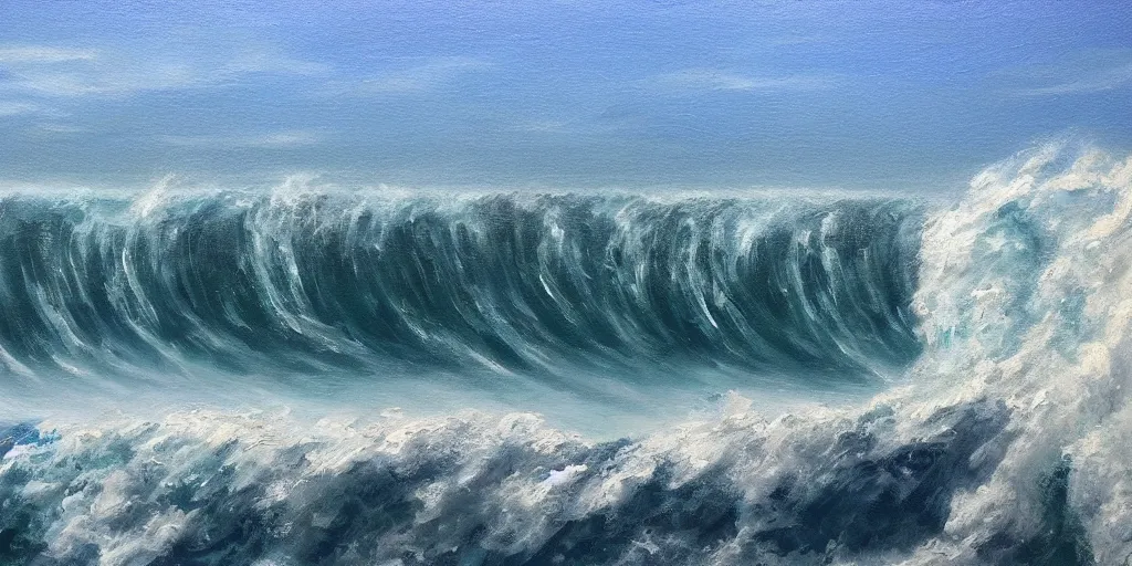 Prompt: giant wave wrapping over San Francisco, high above, realist painting