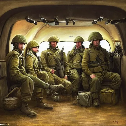 Image similar to an award winning painting of soldiers sitting inside a plane on their way to the battlefield, an emotionless look on their faces, in the style of grek rutkowski