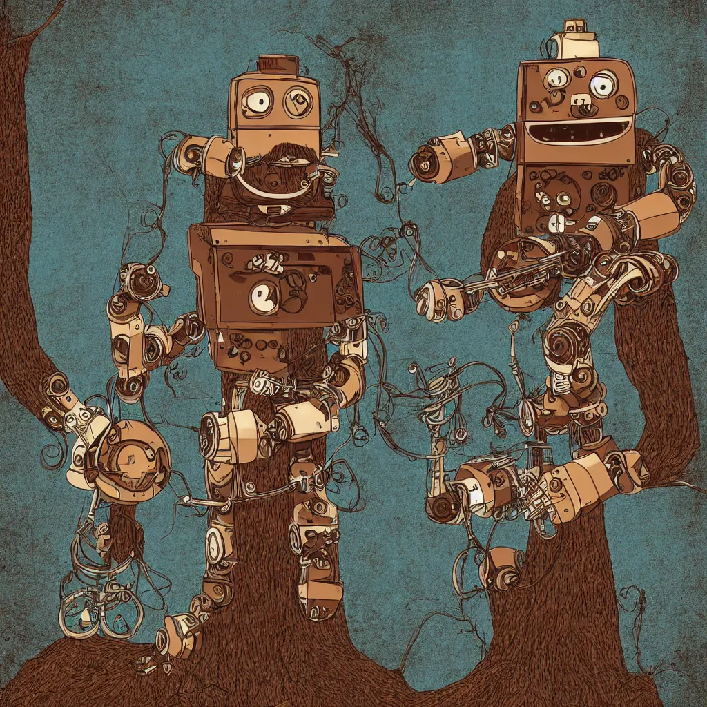 Prompt: a robot with a long brown beard and large mustache, playing the banjo, standing next to a tree, digital art