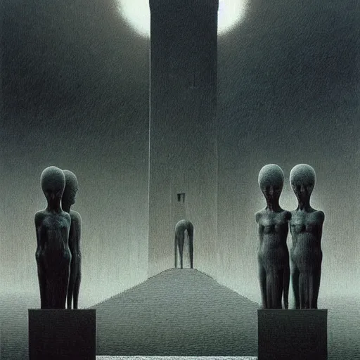 Image similar to highly detailed dystopian surreal painting of eerie statues and buildings by zdzisław beksinski