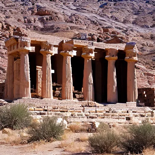 Prompt: ancient Greek Babylonian temple carved into the side of a desert Mesa