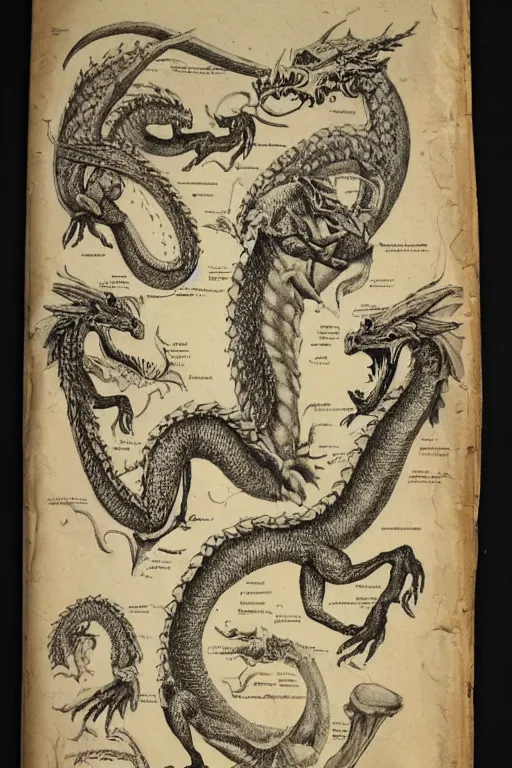 Image similar to ancient!!! anatomy manual!! of dragons!, high quality, romantic era, 1 9 th century