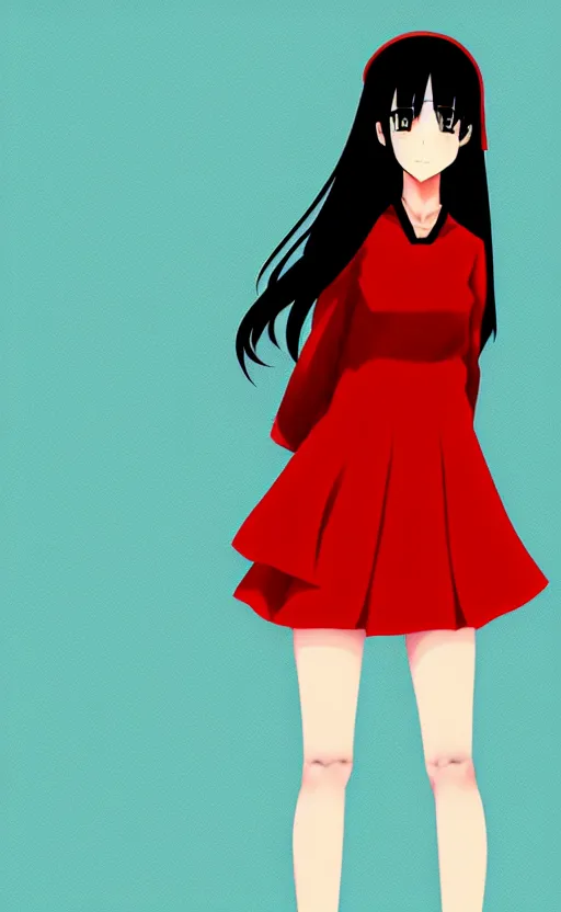 Image similar to anime girl with a detailed face and black hair in a red outfit placed in bottom half of illustration, full body, trending, illustration