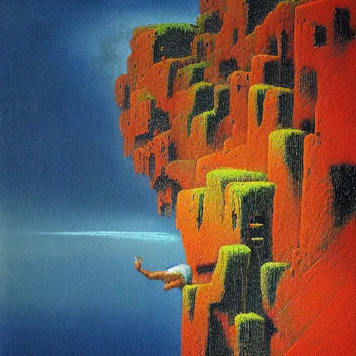 Prompt: mansion hanging off a cliff, vibrant colors, painting by Beksinski