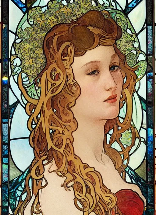 Prompt: painting of bar refaeli in the style of boticelli, alphonse mucha, stained glass, heaven, light, white linen dress