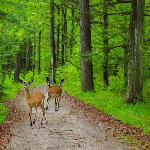 Prompt: deer on a forest path, big huge antlers that have leaves and flowers growing out of them