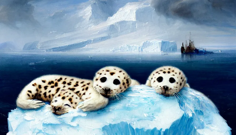 Image similar to highly detailed painting of cute furry white baby seal leopards cuddling into each other on a blue and white iceberg by william turner, by greg rutkowski, by william constable, thick brush strokes and visible paint layers, 4 k resolution