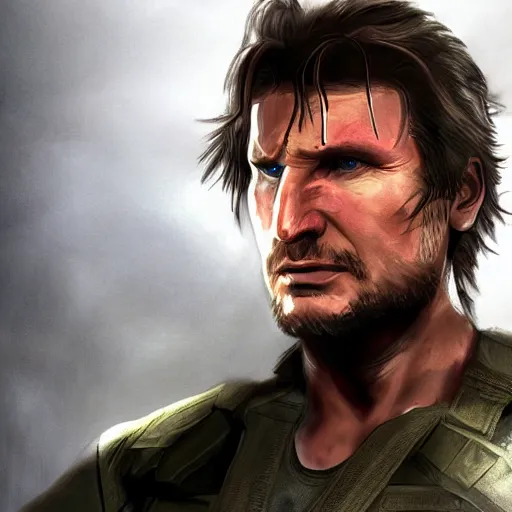 Image similar to Liam neeson as solid snake in metal gear with red headband