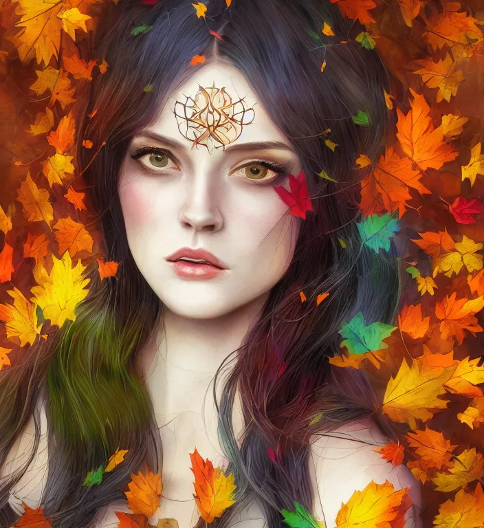 Prompt: portrait of a woman wearing a dress of stained glass , autumn leaves falling, dramatic volumetric lighting, god rays, global illumination, soft, sharp focus, sci-fi, ivy, moss, trending on artstation, intricate concept art by artgerm and Mel Milton