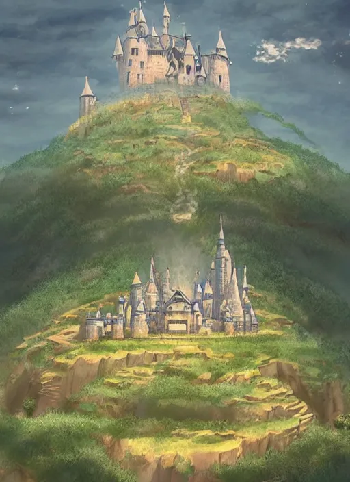 Prompt: 2 d illustration of a castle in the sky, concept art by hayao miyazaki, featured on pixiv, fantasy art, concept art, official art, high detailed