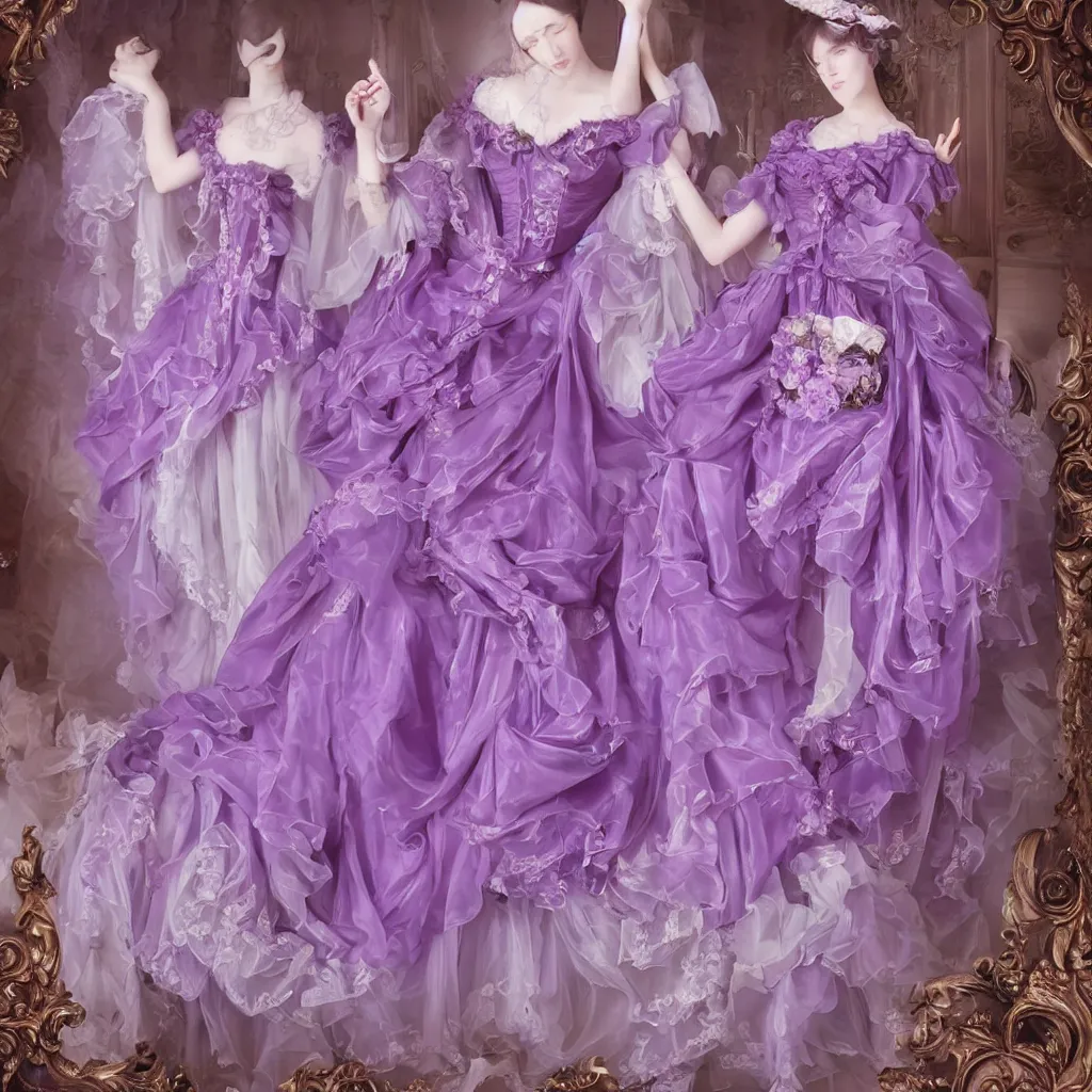 Image similar to purple dress in the style of baroque ，Victorian era，jellyfish element，dreamy, soft ,Backlight ,luminescence，highly detailed,8k