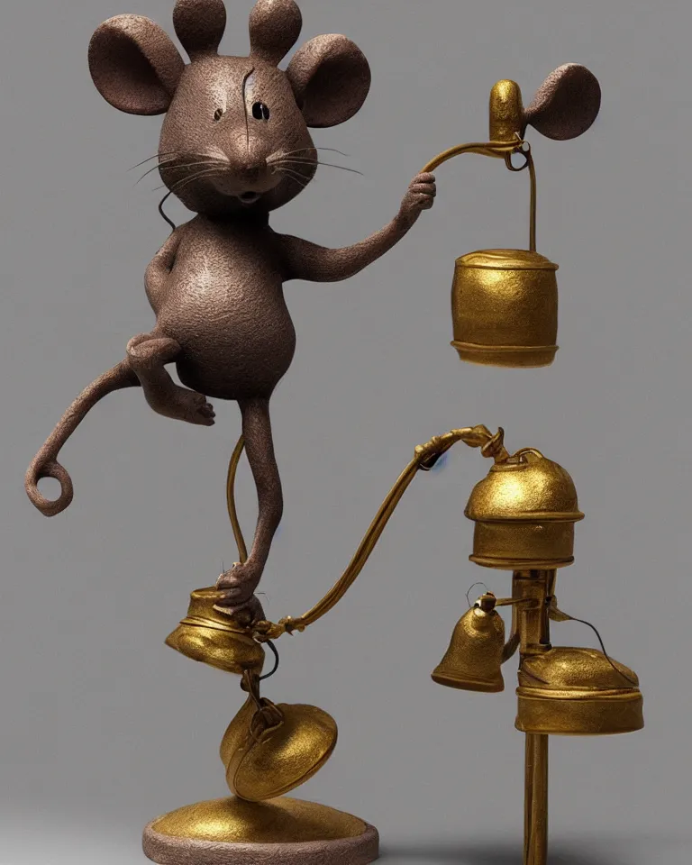 Image similar to a statue of a proud mouse standing on two legs and holding a round bell made with white and gold wire, trending on artstation