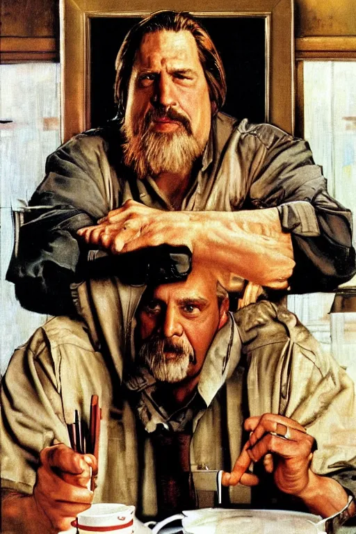 Prompt: The Dude from the movie The big Lebowski painted by Norman Rockwell