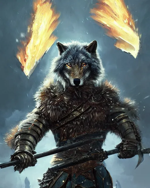 Prompt: oil painting of Anthropomorphized Wolf Warrior holding fire sword, wearing intricate fur armor, sharp focus, magical aura, heroic pose, fantasy style, octane render, volumetric lighting, 8k high definition, by greg rutkowski, highly detailed, trending on art Station, magic the gathering artwork, magical Battlefield backround, centered