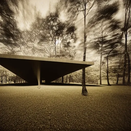 Prompt: hyperrealistic highdetailed modern church by tadao ando in the tropical wood, mystic, melancholy, pinhole analogue photo quality, lomography, scratches on photo, noise effect, blur effect, monochrome