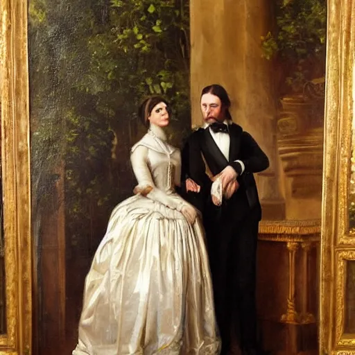 Image similar to elon musk ( left ) and emma watson in an 1 8 5 5 painting by elisabeth jerichau - baumann. painting, oil on canvas