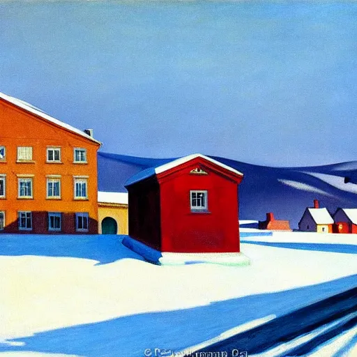 Prompt: an edward hopper style painting of a ( ( ( ( ( ( ( ( small town csorna ) ) ) ) ) ) ) ) in hungary, winter, january of 1 9 5 5