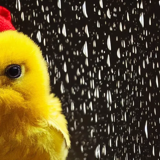 Prompt: Portrait of a yellow baby chick with red wooly hat, striking features, tack sharp, rainy weather, fine-art photography, 180mm f/1.8, by Steve McCurry