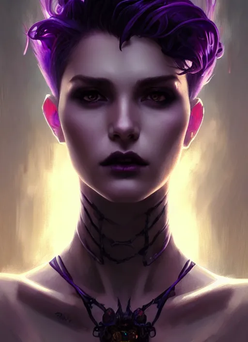 Image similar to Necromant, fantasy magic, undercut hairstyle, short purple black fade hair, dark light night, intricate, elegant, sharp focus, illustration, highly detailed, digital painting, concept art, matte, art by WLOP and Artgerm and Greg Rutkowski and Alphonse Mucha, masterpiece