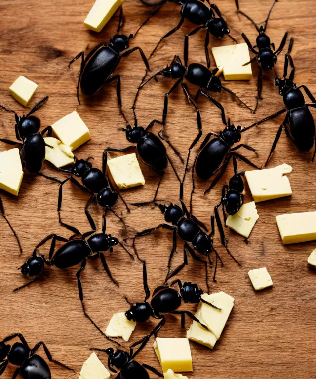 Prompt: high quality presentation photo of cute anthropomorphic black ants eating cheese, photography 4k f1.8 anamorphic bokeh 4k Canon Nikon
