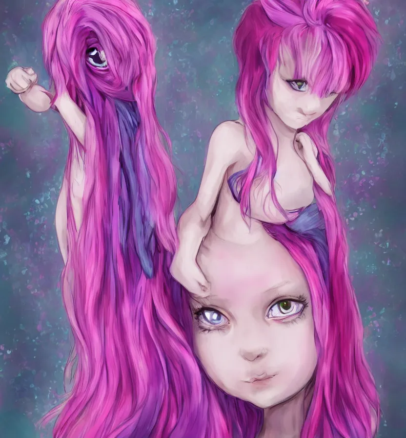 Image similar to little girl with eccentric pink hair wearing a dress made of purple feather, art by dcwj