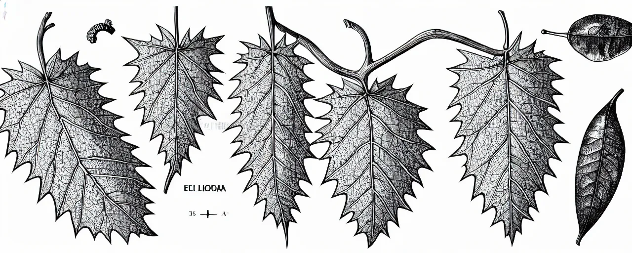 Image similar to a full page schematic diagram illustration of a vine leaf and an oak acorn, ultra detailed, 4 k, intricate, encyclopedia illustration, fine inking lines