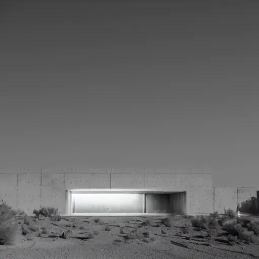 Image similar to concrete structure in the desert at night, neon lights, minimalist architecture, james turrel,