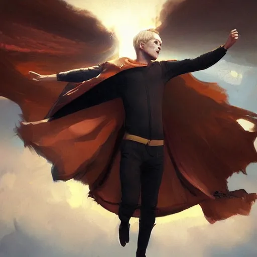 Prompt: blonde boy wearing a brown cape and flying in t pose, closeup, powerful, space background, oil painting, brush strokes, greg rutkowski