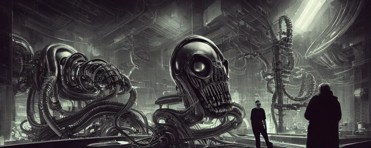 Image similar to duotone noir concept illustration 3 / 4 portrait of hr giger with in techno alien machinery in the background. cinematic volumentric lighting. cosmic horror. accidental renaissance. by sachin teng and sergey kolesov and ruan jia and heng z. graffiti art, scifi, fantasy, hyper detailed. octane render. concept art. trending on artstation