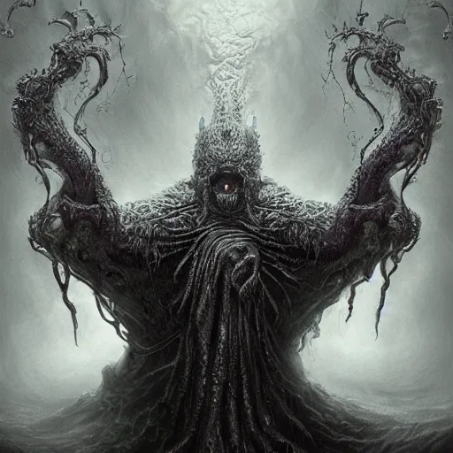 Prompt: cinematic, hyperdetailed, symmetrical, 3 d point pencil drawing of a incommensurate entity, the enigmatic king of entropy, lovecraftian, torrential blood, fog, hires, unreal 5, octane, hyperrealism, dark fantasy, 8 k, saturated colors, rich moody colors, photoshopped, by wayne barlow and zdzisław beksinski