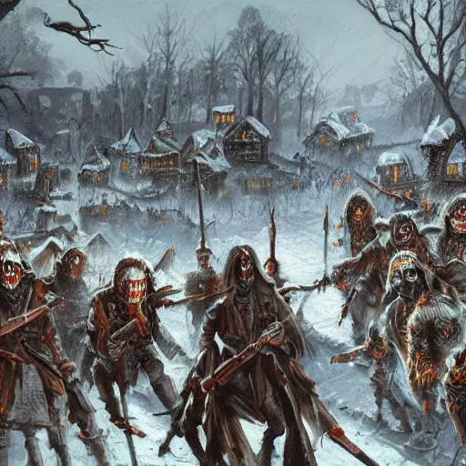 Prompt: Undead army descends upon a village in the middle of a winter night, photorealistic oil painting