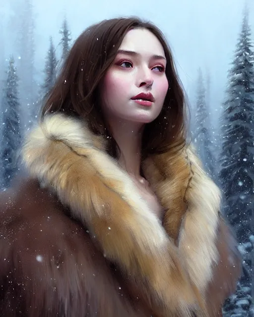 Image similar to a beautiful siberian girl with bear fur coat and neckline | | winter, realistic shaded, unpleasant face, bad looking, fine details, realistic shaded lighting poster by greg rutkowski, magali villeneuve, artgerm, jeremy lipkin and michael garmash and rob rey