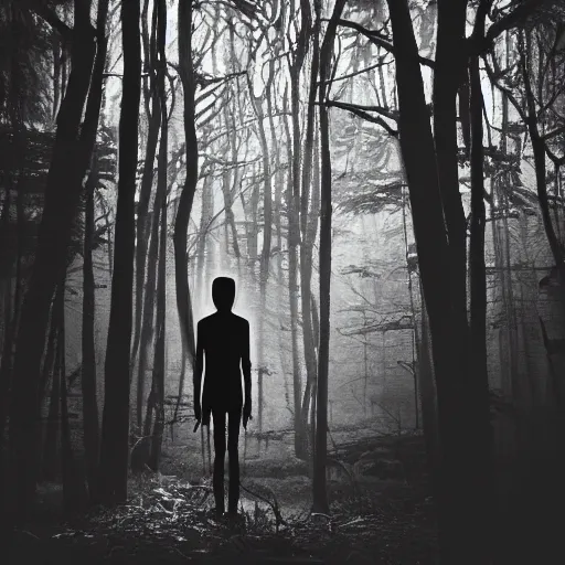 Eerie Thin Pale White Humanoid Figure in Dark Forest · Creative Fabrica