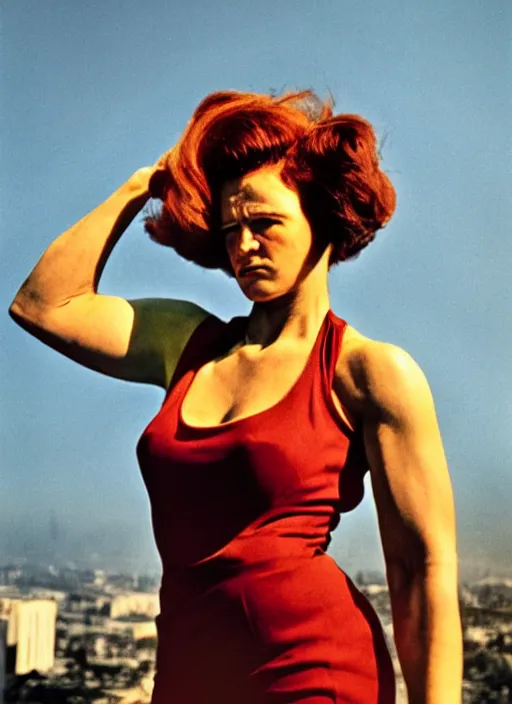 Prompt: a color photo portrait of she hulk in la by dorothea lange, dramatic lighting, 7 5 mm lens, sharp focus.