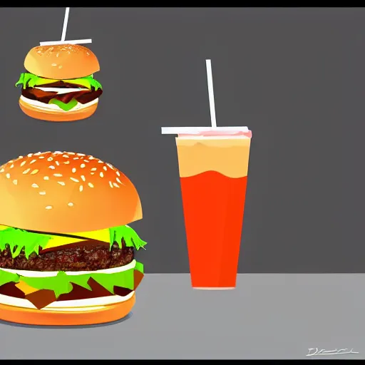 Image similar to a cartoon picture of a burger and a drink, concept art by derf, featured on deviantart, sots art, sketchfab, behance hd, concept art