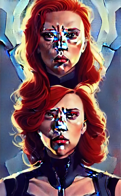 Image similar to rafeal albuquerque comic art, joshua middleton comic art, artgerm, cinematics lighting, night time, pretty scarlett johansson black widow, big smirk, symmetrical face, symmetrical eyes, long red hair, full symmetrical body, flying in the air, jumping off rooftop