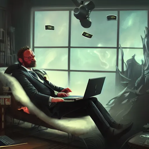 Image similar to realistic rich man using laptop in gaming room, money floating in air, artstation trends, sci fi concept art, highly detailed, intricate, sharp focus, digital art, 8 k