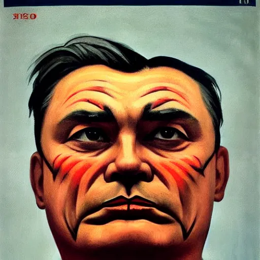 Prompt: highly detailed propaganda poster portrait of the leader of fascist hungary, viktor orban with cat whiskers face painting, looking into the distance 1 9 5 0, by edward hopper