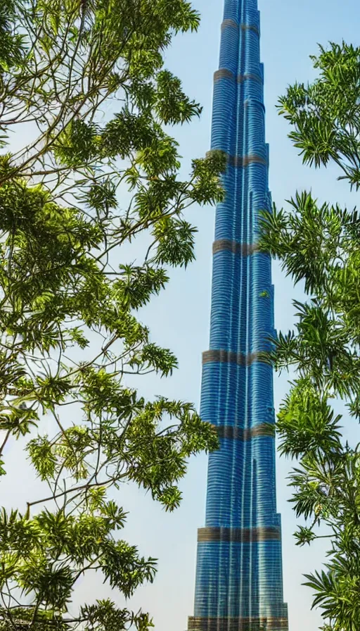 Image similar to the burj khalifa in a beautiful green metropolis surrounded by plants, trees and greenery.