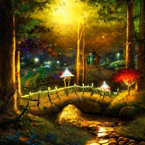 Image similar to painting, high detail, woodland village, night, fantasy, crescent moon, stone paths, bridge, water stream, luminous, toadstools, fireflies, fantasy,, flowers, lanterns, mist, highly detailed painting, fine lines, 8 k realistic, sharp focus