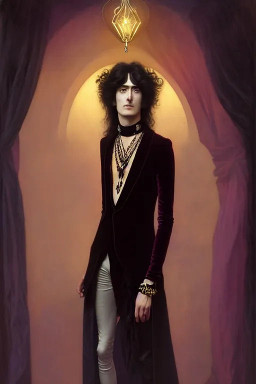 Prompt: a beautiful androgynous man, long hair, tall and thin, dressed in velvet, rock star, young jimmy page, wearing several pendants and a choker, illustration, dramatic lighting, soft details, painting, art nouveau, octane render, 8 k, hd, by edmund blair leighton, brom, charlie bowater, faces by otto schmidt