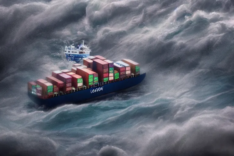 Image similar to container ship in a storm, in the style of vernon grant and chris van allsburg, raging stormy sea, trending on artstation, bright tilt - shift camcorder effect, photoshop, retrowave, hyperrealism, octane, sharp focus, masterpiece