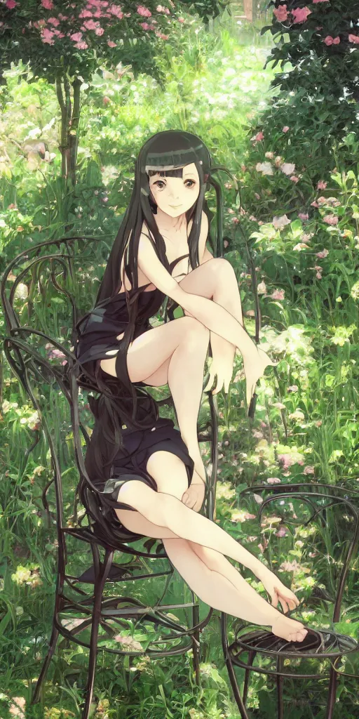 Prompt: a loli with long hair in a black dress sitting on a metal garden chair in the privet garden at afternoon, green and warm theme, back lighting, highly detailed, by krenz cushart and mucha and akihito yoshida and greg rutkowski and makoto shinkai and studio ghibli, detailed eyes, 4 k resolution, trending on art station